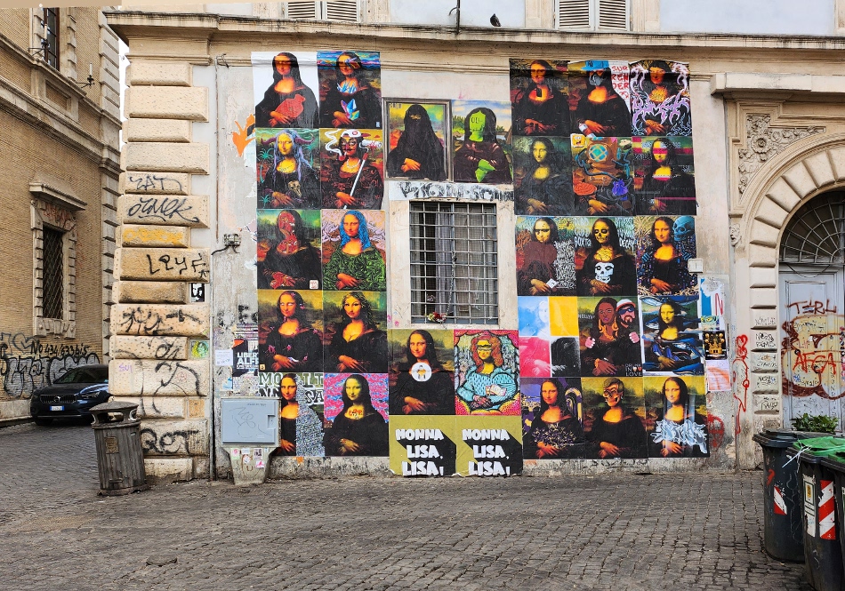 Solo, Diamond, Er Pinto, Yest, Alessandra Carloni, Lucamaleonte, Silvia Fiorenza, Ho' Dirty B, Mr. Klevra, Warios, Rame13, Lilly Meraviglia, Manuel Giaconi, Lady Nina, Orghone, Ludovica Cef, Emmeu, Kocore, Charlin, Mr. Thoms, Giulia Gardelli, Krayon, Titti Fruhwirth, Aloha, Koi, Stella Tasca, Moro, Imagrafik e Tromh, 'Monna Lisa’s Wall', luty - kwiecień  2023 - piazza San Calisto